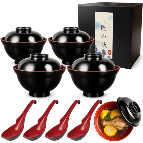 JapanBargain 3424, Soup Bowls with Lid and Spoon Set for Miso Soup Rice Poke Donburi Noodle Pasta Cereal Black and Red Color Japanese Style with Hook Spoon, 21 oz, Pack of 4