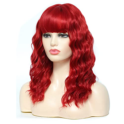 TOPHR Red Wig with Bangs Curly Wavy Heat Resistant Fiber Synthetic Wigs for Women(16 Inch)