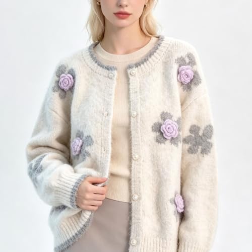 Image of FindThy Women's Kawaii 3D Floral Cardigan Long Sleeve Crewneck Knit Cardigan Sweaters