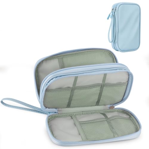 Leather Travel Electronic Organizer - Double Layer, Waterproof Case for Cables, Chargers, Phones & More - Portable, Shockproof Pouch for All Your Electronics Accessories (Light Blue, M)
