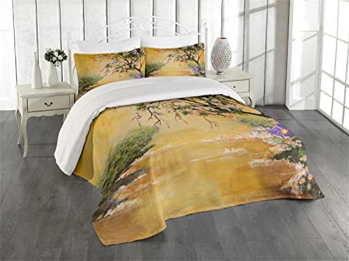 Ambesonne Landscape Coverlet, Oil Painting Acrylic Like Image Flower Petal Falls Down Near River with Girl Art, 3 Piece Decorative Quilted Bedspread Set with 2 Pillow Shams, Queen Size, Yellow Purple