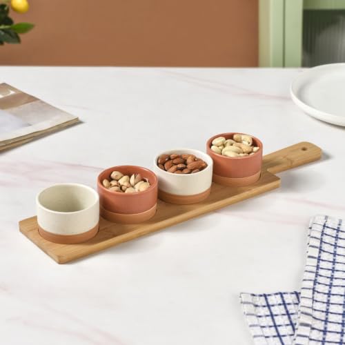 Image of Nestasia Ceramic Serving Platter Set of 5 | 4 Small Ceramic Snack Bowls with 1 Bamboo Wood Tray | 100% Food Safe Tray Set - Perfect for Serving Dips, Dry Fruits & Snacks