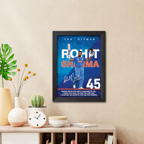 Image of TenorArts Rohit Sharma Poster with Quotes Indian Legend Cricket Player Photo Frame Painting with Matt Finish Black Textures (12 inches x 9inches)