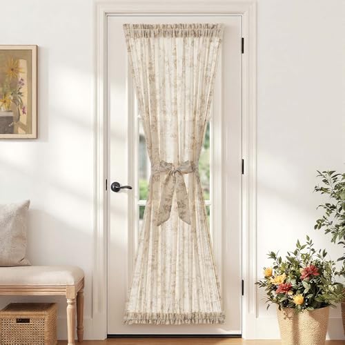 Image of jinchan Floral French Door Curtain Panel Farmhouse Decor Light Filtering Linen with Tie Up Bow for Glass Door or Patio 72 Inch Length Rod Pocket 1 Panel Taupe on Linen