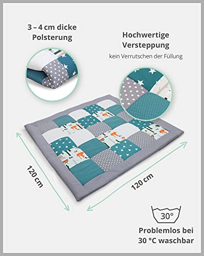 ULLENBOOM ® kruipdeken l speeldeken in de maten 120x120 cm, ideaal speelkleed voor in de box I bosdieren petrol - Afbeelding 5