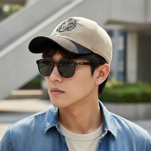 Image of Beige Cotton Baseball Cap with Tiger Embroidery for Men & Women, Adjustable Metal Buckle Strap, Curved Visor Sun Cap for Casual Wear, Travel & Outdoor (Pack of 1)