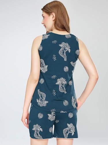 Image of ZEYO Night Suit for Women's Floral & Cheetah Printed Cotton Night Dress of Top and Short's Set 5737