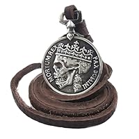ODETOJOY Klassische Münze Anhänger Halskette Skull Steampunk geschoben Schmuck für Männer Herren Halskette aus braun Leder mit silberfarbenen Totenkopf-Münzen-Anhänger und Samtbeutel (Silber)