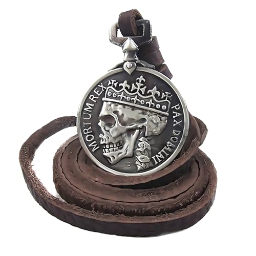 Classic Coin Brown Leather Pendant Necklace Skull Steampunk Chunky Pendants Jewelry for Men