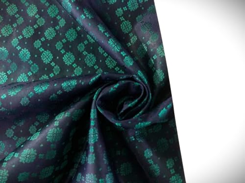 Tissu brocart de soie marine BRO938 avec motifs sarcelle 111cm pour haute couture