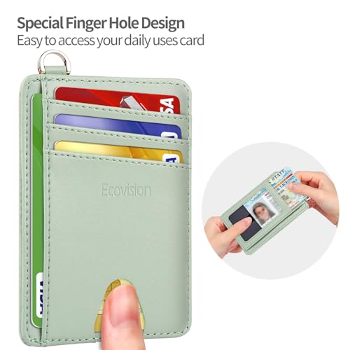 Image of Slim Minimalist Front Pocket Wallet, RFID Blocking Credit Card Holder Wallet with Detachable D-Shackle for Men Women, Cowhide Matcha Green, small, Minimalist