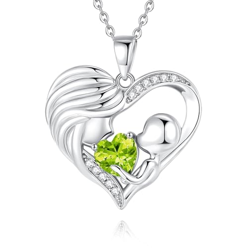 FANCIME Mom Birthstone Necklace Mother and Child Love Heart Necklace I Love You Mom Gifts Mothers Day Birthstone Jewelry Gifts for Grandmother Women Wife, 16