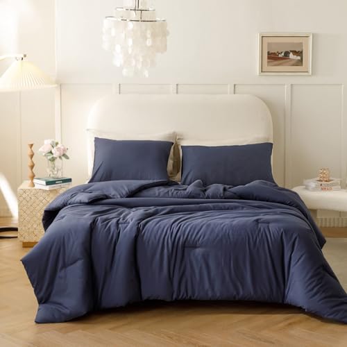 Image of ROSGONIA Oversized King Comforter 120x98, 3pcs Oversized Comforter (1 Navy Blue Comforter & 2 Pillowcases) Lightweight Warm Bedding Set Blanket Quilts