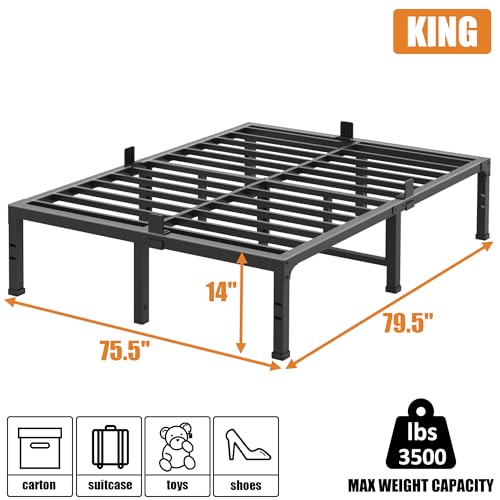 Image of FUIOBYVV King Bed Frame,14 Inch Heavy Duty Metal Platform Bed Frame King Size Support Up to 3500 lbs,No Box Spring Needed,No Shaking,Steel Slat Support,Noise Free,Easy Assembly
