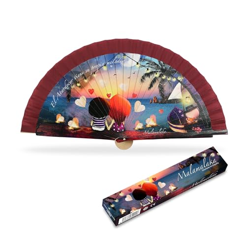 MALAMALAKA | Abanico De Madera Plegable De 23cm | Con Diseño Original Para Bodas, Comuniones o Detalles Para Invitados | Abanicos Bodas Para Invitados Con Caja De Cartón | ATARDECER Borde Granate