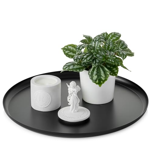 Romadedi Tablett Metall Schwarz Deko: 32cm Dekotablett Rund für Wohnzimmer Tischdeko Esstisch Kerzentablett für Kerzen Serviertablett für Café Bar Restaurant Badezimmer