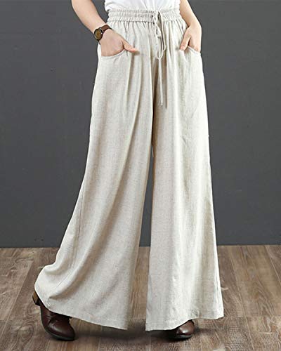 IXIMO Women's Cotton Linen Wide Leg Pants Casual Drawstring Lounge Palazzo Loose Trousers2
