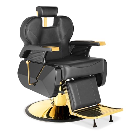 Barber Salon Hair Chair, Hydraulic Rolling 360° Swivel Barber Reclining Chairs for Barbershop, Heavy Duty Hairdresser Chair Beauty Salon Spa Shampoo Styling Equipment, Adjustable Headrest, Black&Gold