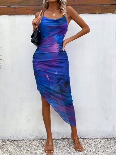 Image of LIGHT DOT Women's Spaghetti Strap Printed Bodycon Ruched Midi Cocktail Dress Sexy Cowl Neck Tie Dye