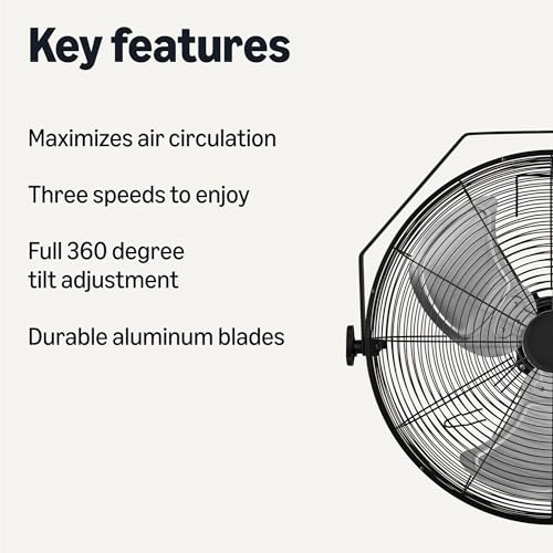 Image of Amazon Basics 18 inch Indoor Wall-Mounted Industrial Fan with Three Speeds, High CFM, Heavy-Duty Metal Blades, Tilt Head, for Commercial Use, Warehouse, Basement, Black