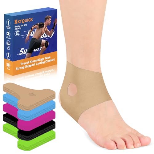 Precut Kinesiology Tape for Ankle Upgraded Ankle Tape Athletic 12PCS KTQUICK Tape for Ankle Support & Pain Relief 5% Stronger Adhesive Waterproof & Breathable Cotton Kinesiology Tape Ankle(Beige)