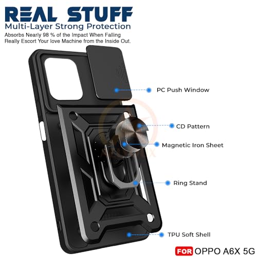 Image of Armor Bumper Back Cover Case for Oppo A6X 5G Rotating Camera Cover, Ring Holder & Kickstand | Heavy Duty & 360 Degree Protection Oppo A6X 5G Back Cover (Black)