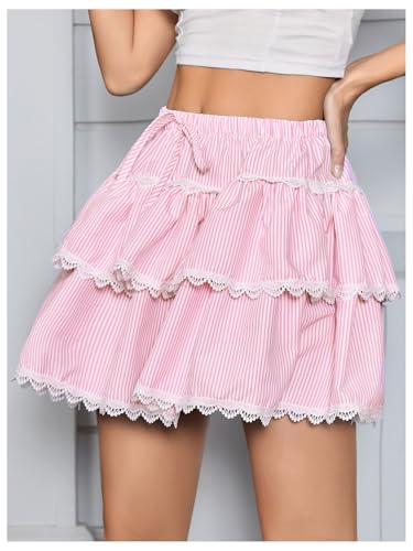 Verdusa Women's Y2K Coquette Striped Lace Trim Ruffle Skirt Bow Tie A Line Layered Mini Skirt3