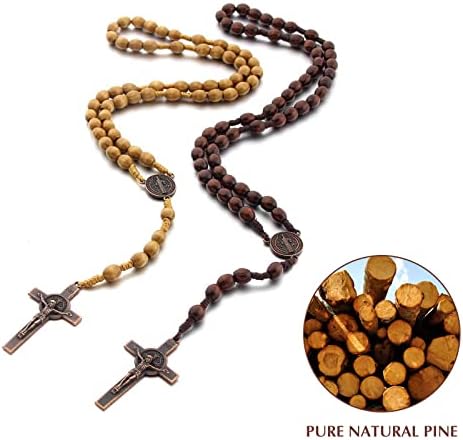 Catholic Cross Rosary Necklace, Natural Wood Prayer Beads with Medal Cross Jesus Christ Saint Benedict, for Catholic Christians Religious Communion, Baptism, Mass, Bible
