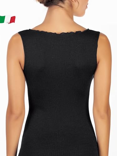 EGI Tanktop für Damen, breite Schultern, Wolle, Seide, Mikroripp, elegante weiche Unterwäsche, Made in Italy, Art. 1492, Schwarz , L/XL
