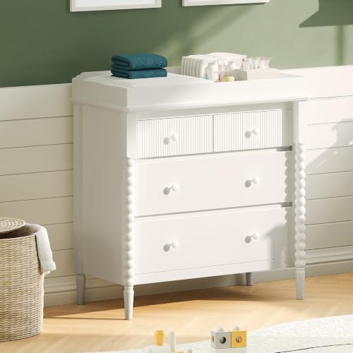 Image of JOINICE White Nursery Dresser with Changing Table, 4 Drawers for Storage | Jenny Lind Spindle Style Dresser and Removable Baby Changing Station Combo for Kids Bedroom, Anti-Tip Kit for Safety