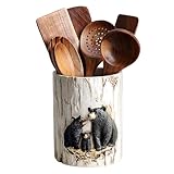 Bicuzat Resin Black Bear and Stump Kitchen Utensil Holder, Large Cooking Utensil Crocks for Countertop-Family