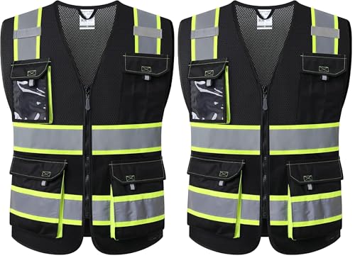 Image of JKSafety Hi Vis Reflective Safety Vests for Men Women High Visibility Vest with Pockets Fabric Construction Safety Apparel Neon Vest for Work (220-Black M) (Pack of 2)