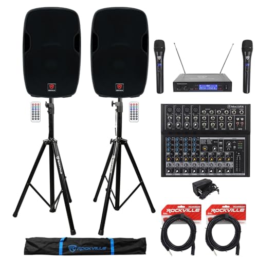 Audiosavings Bundle: (2) Rockville BPA15 15' 800W Speakers+ (1) Mackie Mix12FX Mixer w/FX+ (2) RVSS2 Stands w/Bag+ (1) RWM1203VH Dual Mic+ (2) RCXMB20B 20' XLR-TRS Cables (7 Items)
