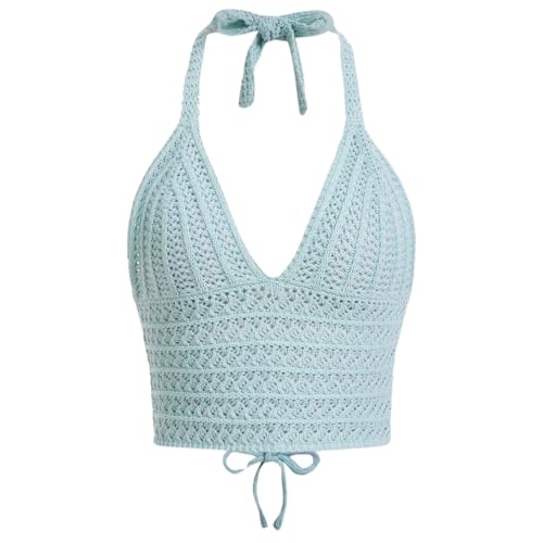Naileksi Camiseta Corta de Ganchillo con Cordones y Espalda Descubierta para Mujer, Corte Entallado, sin Mangas, Cuello en V, con Lazo en la Espalda, Menta, Azul, S