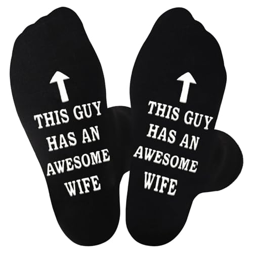 Funny Socks for Men Size 6-13, Mens Novelty Sock with Sayings This Guy Has An Awesome Wife, Cotton Personalised Socks with Gripper Non-Slip for Dad Husband Boyfriend Birthdays Valentines Christmas