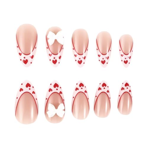Image of White French Tip Press on Nails Heart Fake Nails with 3D Bow Design Nude Glue on Nails Glossy Artificial Acrylic Full Cover Stick on Nails Medium Almond False Nails for Women Manicure