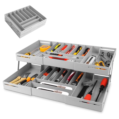 Hiitytin 2 Tier Extra Large and High Drawer Organizer, Expandable Smart Drawer Organizer, Desk Organizer for Hardware Tools, Makeup, Jewelry (GRAY)