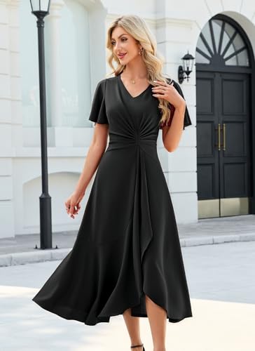 Image of QMZ Wedding Guest Dresses for Women V Neck Cocktail Dress Ruffle Sleeve A Line Evening Party Formal Dresses for Women