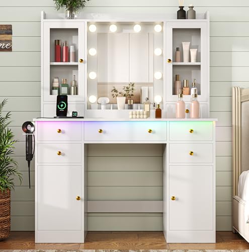Image of HUANLEGO White Vanity Desk with Mirror and Lights for Girls Women | Makeup Vanity Mirror with Lights, LED RGB Lights Strip, Power Outlet, 7 Drawers, 2 Storage Cabinets, 3 Color Modes Adjustable