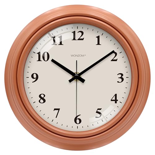 WONZOM Reloj de Pared marrón Vintage de 23 cm, Reloj de Cocina silencioso con números arábigos, pequeña Cubierta de Cristal Retro, Funciona con Pilas, para Sala de Estar, Dormitorio, Oficina