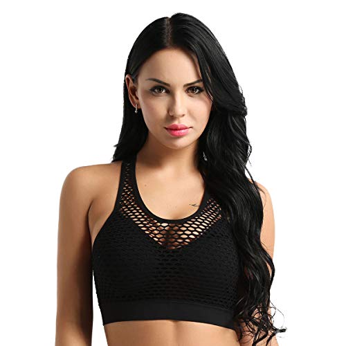 iixpin Sujetador Deportivo con Relleno Push Up para Mujer Bustier Camiseta Interior sin Mangas de Malla Transparente Chaleco Deporte de Yoga Fitness Negro Talla Única