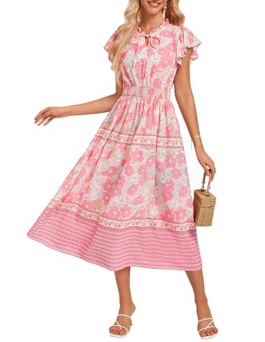 GRACE KARIN Damen Casual Alltag Chiffon Blumenkleid Sommer Ausgehen Dating Hochzeitsgästekleider Rosa Blumen XL