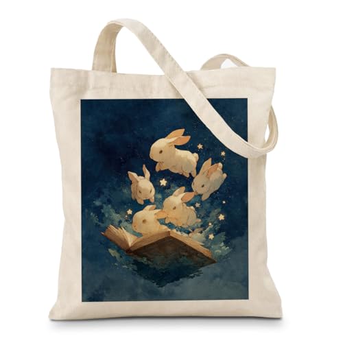 Geondos Magical Book Bunnies Tote Bag Cute White Bunnies Print Totes Cute Animal Themed Reusable Shopping Bags Shoulder Bags for Casual Vacation Shopping Work Aesthetic Canvas Tote Bag