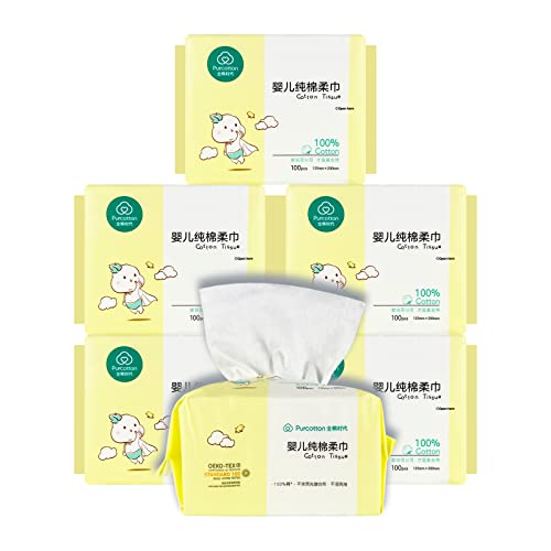 Image of Purcotton Baby Dry Wipe Cotton Tissue, Wet and Dry Use, Ultra Soft 100% Pure Cotton for Baby Sensitive Skin, Perfect for Diaper Changes, Runny Noses, Drool, Meal Time & Nursing (6-Pack)
