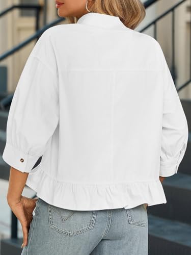 Cicy Bell Womens Cropped Button Down Shirts 3/4 Length Sleeve Casual Cotton Blouses Loose Fit Ruffle Hem Tops White — view 5