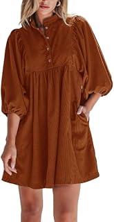 Womens Casual Dresses Corduroy Button Up Empire Waist 3/4 Sleeve Fall Winter Mini Babydoll Dress