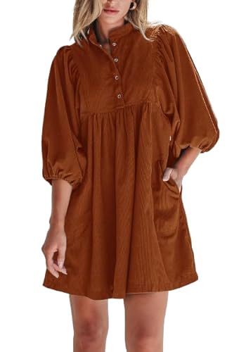 Womens Casual Dresses Corduroy Button Up Empire Waist 3/4 Sleeve Fall Winter Mini Babydoll Dress