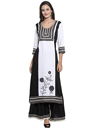 Aujjessa Women's Rayon Printed Kurta with Sharara Set (Black::White)