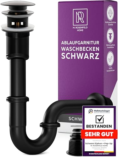 M. ROSENFELD HOME Schwarz Siphon Waschbecken Ablaufgarnitur mit Überlauf Pop Up + Universal Röhrensiphon Waschtisch Geruchsverschluss aus Messing M. ROSENFELD HOME