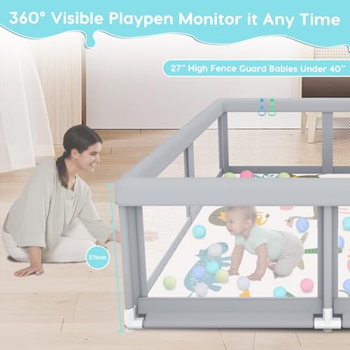 Image of Fshibila 50 inch x50 inch Baby Playpen with Mat, Baby Playard for Babies and Toddlers, Play Pens for Indoor & Outdoor, Sturdy Safety Play Yard with Soft Breathable Mesh, Anti-Fall, Ball x 18, Handle x 2, Grey